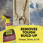 Promotional panel with Goo Gone bottle at left and text ‘Removes Tough Build-Up’ with tool and floor textures