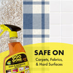 Goo Gone spray gel bottle pictured with patterned fabric, tile, and text reading 'SAFE ON Carpets, Fabrics, & Hard Surfaces'.