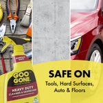 Graphic showing Goo Gone bottle with three panels including tools, concrete and a car plus text ‘Safe On’ surfaces