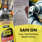 Split-image promotional graphic showing tools, cracked concrete and gears with text 'SAFE ON Tools, Hard Surfaces, Metals & More'