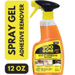 Goo Gone Spray Gel bottle with yellow label and orange gel, large yellow callout reading 'spray gel' and '12 oz'.