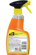 Close-up rear view of a Goo Gone spray gel bottle showing the trigger top and product information label and barcode.