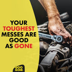 Lifestyle image showing a mechanic’s hand using a wrench on an engine with bold text ‘Your toughest messes are good as gone’