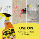 Goo Gone spray gel bottle with three-panel images showing crayon marks, a marker on fabric, and a glass sticker, plus text 'USE ON Crayons, Markers, & Stickers'.