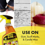 Goo Gone spray gel bottle with triptych images of gum on a shoe sole, scuff marks on a wall, and candle wax plus text 'USE ON Gum, Scuff Marks, & Candle Wax'.
