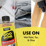 Triptych promotional image showing paint roller, tar and glue with a partial Goo Gone bottle and text 'USE ON Wet Paint, Tar, & Glue'