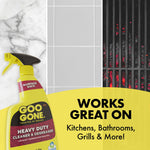 Marketing graphic with Goo Gone bottle and three surface photos plus bold text ‘Works Great On’ kitchens, bathrooms, grills