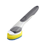 Goodcook Pro ergonomic dish wand angled on white background showing grey fillable handle and yellow-blue sponge head