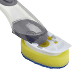 Close-up of Goodcook Pro dish wand head and handle connection showing clear reservoir and sponge refill attachment