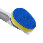 Bottom view of Goodcook Pro sponge refill showing blue scouring pad layer on yellow foam attached to wand