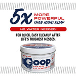 Marketing image with Goop tin and bold copy stating ‘5x more powerful than hand soap’ and ‘no water needed’
