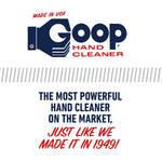Minimal graphic with the Goop hand cleaner logo and headline claiming a powerful hand cleaner since 1949