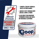 Promotional graphic showing a Classic Goop tin and callouts about the mechanic’s choice formula
