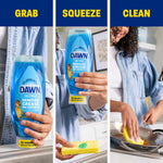 Three-panel image showing hands grabbing and squeezing a Dawn Ultra bottle, applying soap to a sponge and cleaning a pan
