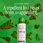 Grand Tongo aerosol can on a green background surrounded by mint leaves with headline about appealing scent