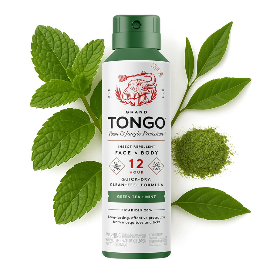 Can of Grand Tongo green tea + mint insect repellent with mint leaves and matcha powder styled around it