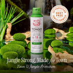 Grand Tongo insect repellent can displayed in a mossy, waterfall-inspired setting with a DEET-free badge