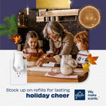 Lifestyle image of a grandmother and two children baking in a kitchen with a Glade plug-in device graphic and holiday text.