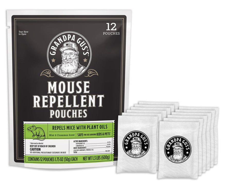 Front-facing black pouch of Grandpa Gus's Mouse Repellent with branded logo and a row of individual white scent pouches beside it.