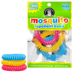 Front pouch of Grandpa Gus's mosquito repellent bands alongside a stacked set of blue, yellow and pink coiled bands