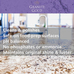 Granite countertop close-up with overlaid Granite Gold banner and bulleted product benefits text