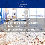Granite Gold banner over a close-up countertop with text highlighting benefits like pH balanced and no ammonia