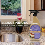 Granite Gold Clean & Shine bottle staged on a kitchen countertop beside a sink with headline text about cleaning and polishing