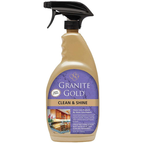 Spray bottle of Granite Gold Clean & Shine countertop cleaner with purple label and black trigger