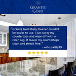 Customer testimonial graphic with Granite Gold logo over a photo of a polished stone countertop and five-star rating