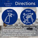Granite Gold directions infographic showing spray and wipe icons with step-by-step usage instructions