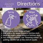 Directions graphic showing spray and wipe icons with numbered usage steps for Granite Gold Clean & Shine