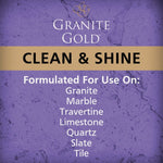 Purple Granite Gold label graphic listing surfaces the Clean & Shine formula is formulated for, including granite and quartz