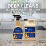 Granite Gold Daily Cleaner spray bottle and refill jug displayed on a kitchen countertop with overlay text about surfaces cleaned
