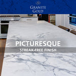 Granite Gold branding above a marble-look kitchen island with text proclaiming a picturesque, streak-free finish