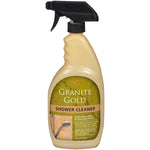 Angled front view of a Granite Gold Shower Cleaner spray bottle with green label and shower head image