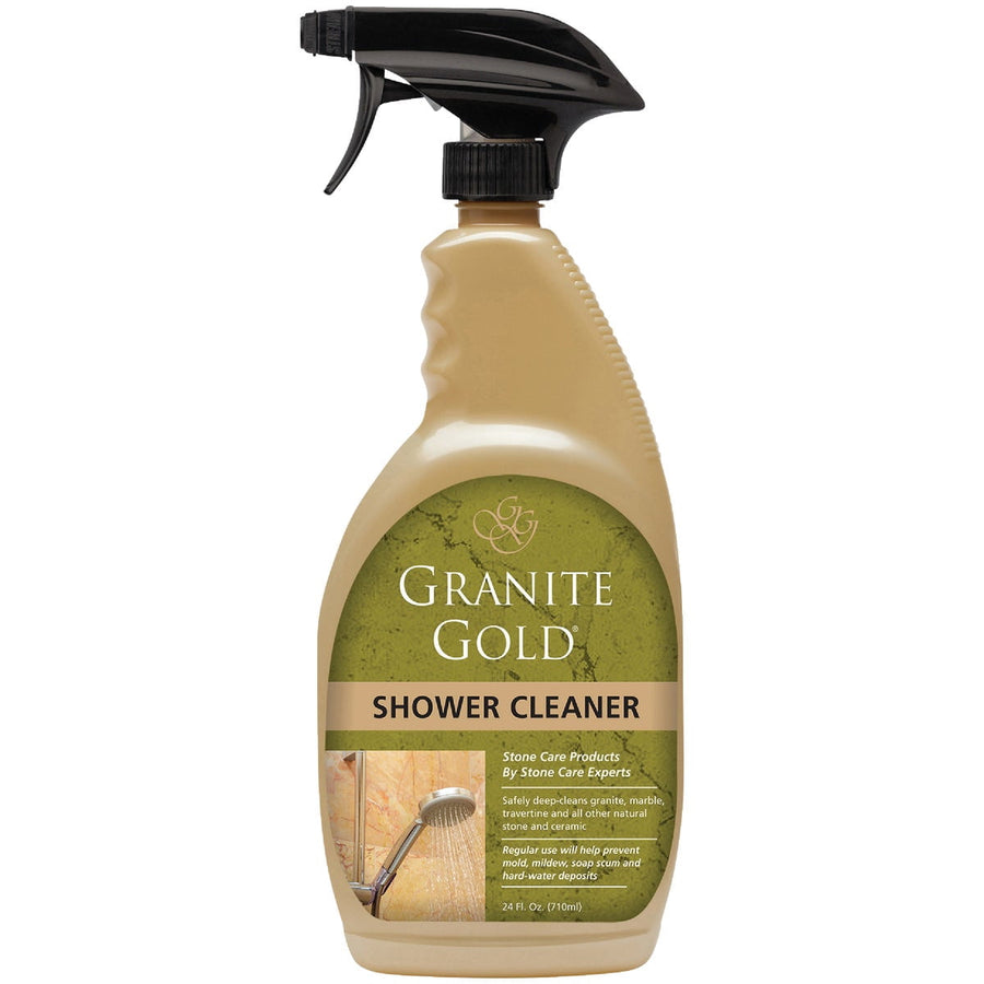 Front view of a Granite Gold Shower Cleaner spray bottle with green label and black trigger