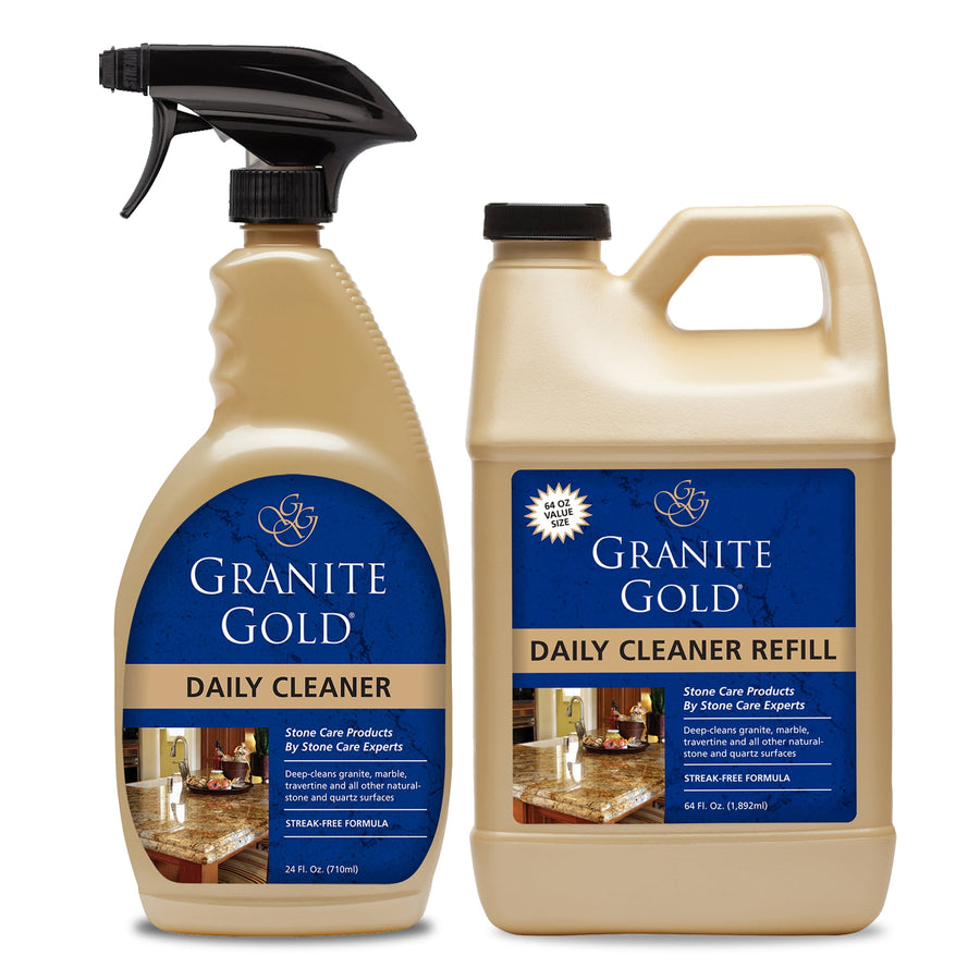 Granite Gold daily cleaner spray bottle and 64 oz refill jug side by side on white background