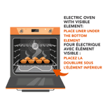 Graphic showing an oven with visible heating element and an arrow indicating to place the liner under the bottom element.