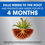 Graphic of plant roots with headline 'Kills weeds to the root and prevents new weeds for up to 4 months'
