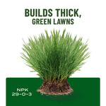 Graphic of healthy grass tuft over green panel with headline 'Builds thick, green lawns' and NPK 29-0-3 label