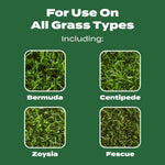 Green infographic panel showing four grass type close-ups labeled Bermuda, Centipede, Zoysia, and Fescue for use on all grass types.