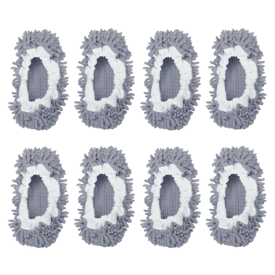 Eight gray chenille microfiber mop slipper covers arranged in two rows on white background.