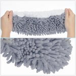 Close-up of gray chenille microfiber mop slipper cover texture with hands stretching the elastic opening.