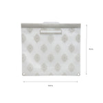 Single translucent reusable gallon bag with gray geometric print and zipper top shown with dimension arrows indicating 12.5 by 11.5 inches.