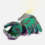 Two gray knit protective gloves with teal grip accents positioned together on a white background