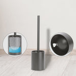 Gray cylindrical toilet brush holder with matching brush upright, two inset circles show internal holder and brush dipping illustration