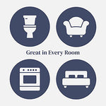 Four circular icons showing bathroom, armchair, stove, and bed with text "Great in Every Room"