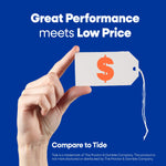 Hand holding a price tag graphic with the text 'Great Performance meets Low Price' and 'Compare to Tide' on blue background