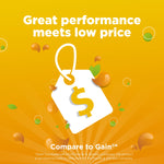 Orange promotional panel reading 'Great performance meets low price' with a price-tag graphic and compare to Gain note