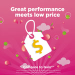 Pink marketing graphic with a price-tag icon and headline 'Great performance meets low price' promoting Great Value product